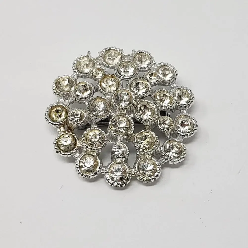 Silver-Tone Clear Gem Rhinestone Tiered Round Brooch